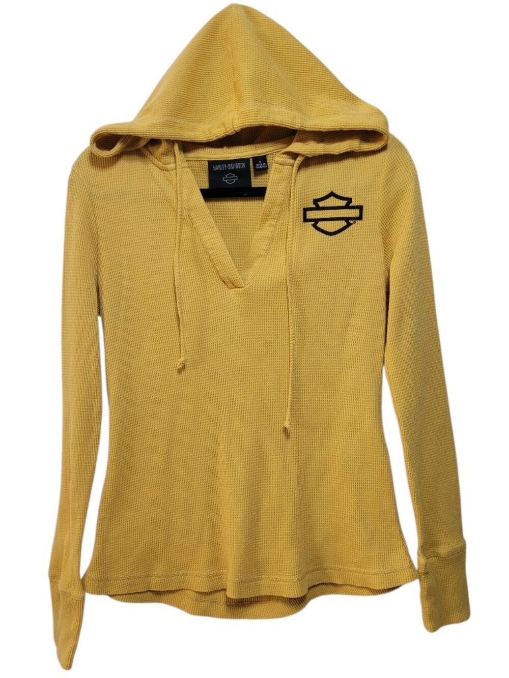 Harley Davidson Womens Waffle Knit Hoodie Thermal Long Sleeve V Neck Mustard M